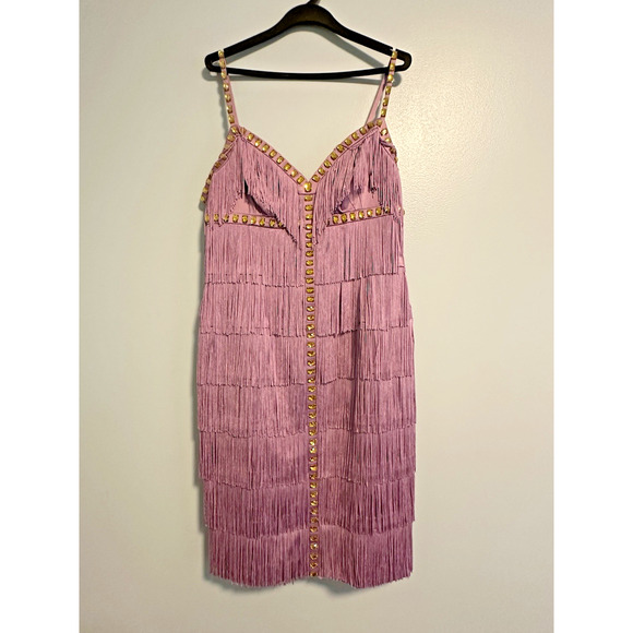 Mandalay 14 Dress Fringe Studded Gems Designer Bodycon Midi Purple VTG Flapper - Picture 1 of 11